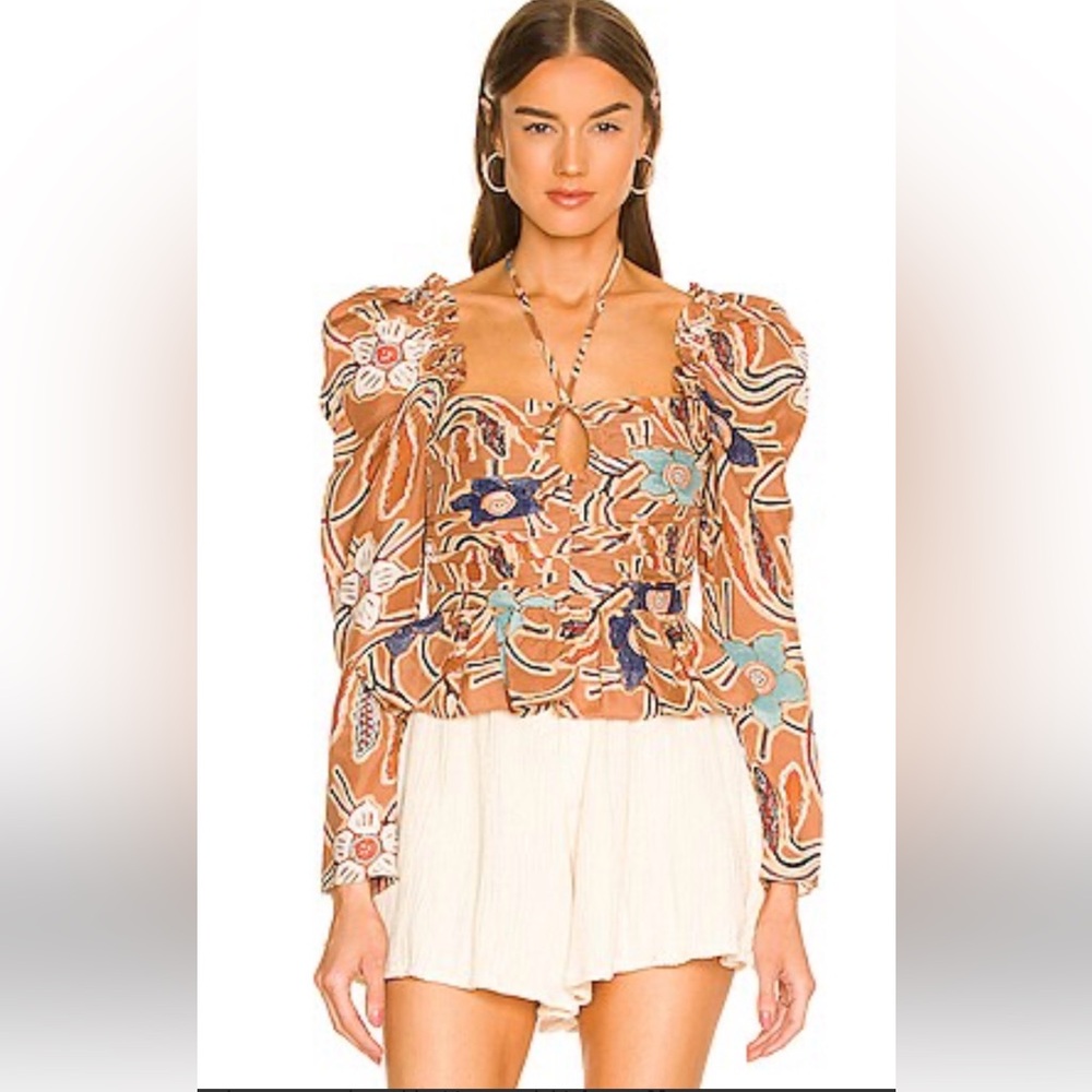 Ulla Johnson Mirelle Tan and Blue Floral Silk Blouse size 0, small